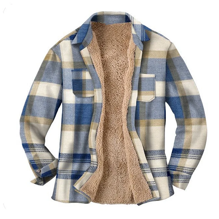 Mens Plaid Thick Plush Casual Jacket