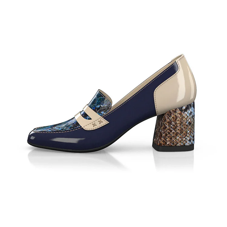 Navy & Beige Patent Leather Snakeskin Print Block Heeled Loafers |FSJ Shoes