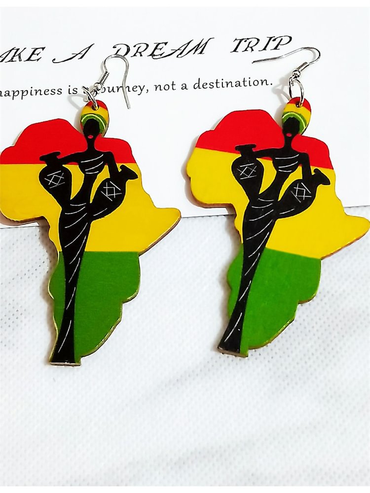 Africa Map Traditional Women Wooden Earrings