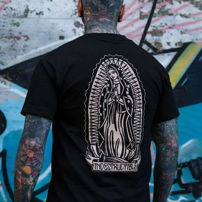 Goddess Praying Letter Vintage Style Graphic Black Print T-shirt