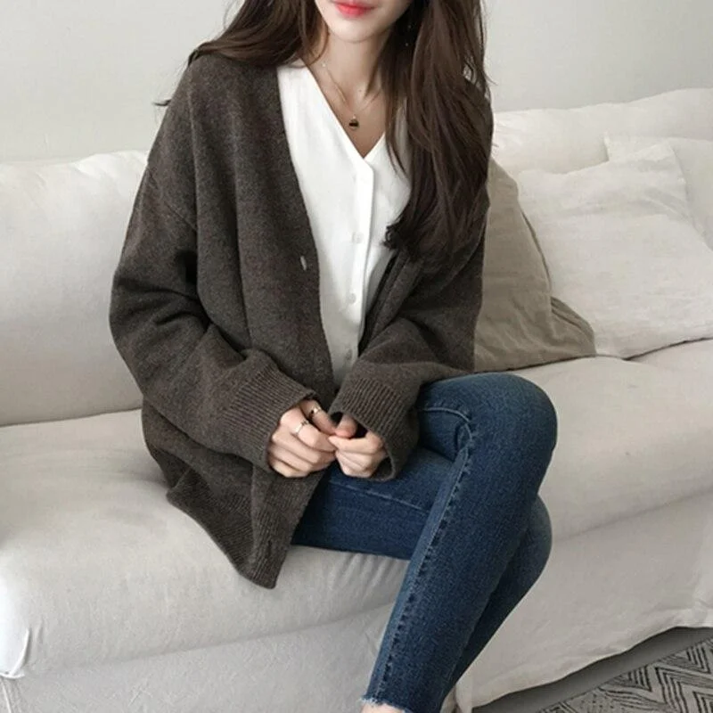 Women Vintage Cardigan V neck  Sweaters Fall Soft Cotton Knitted Hot Tide Korean Casual Simple Solid color Fashion Jackets