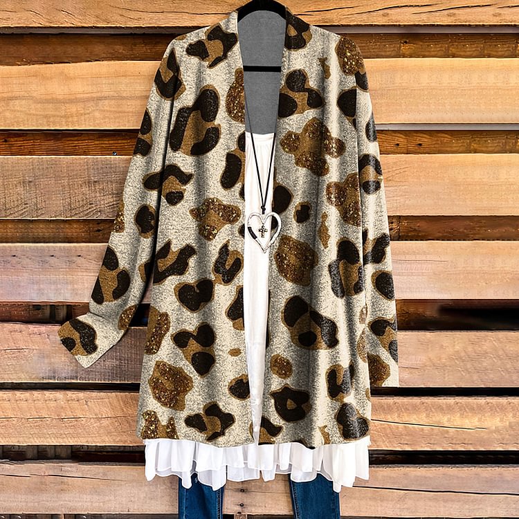 Vefave Long Sleeve Sequined Leopard Print Cardigan