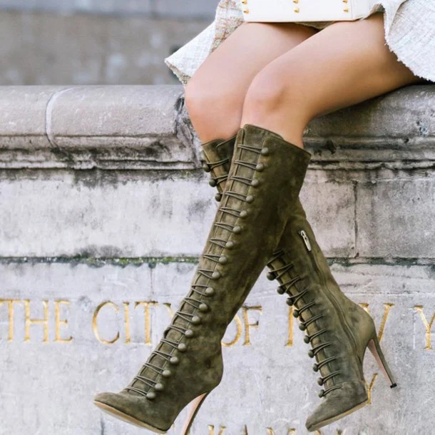 Olive Vegan Suede Rouleau Button Straps Military-inspired High Heel Boots |FSJ Shoes