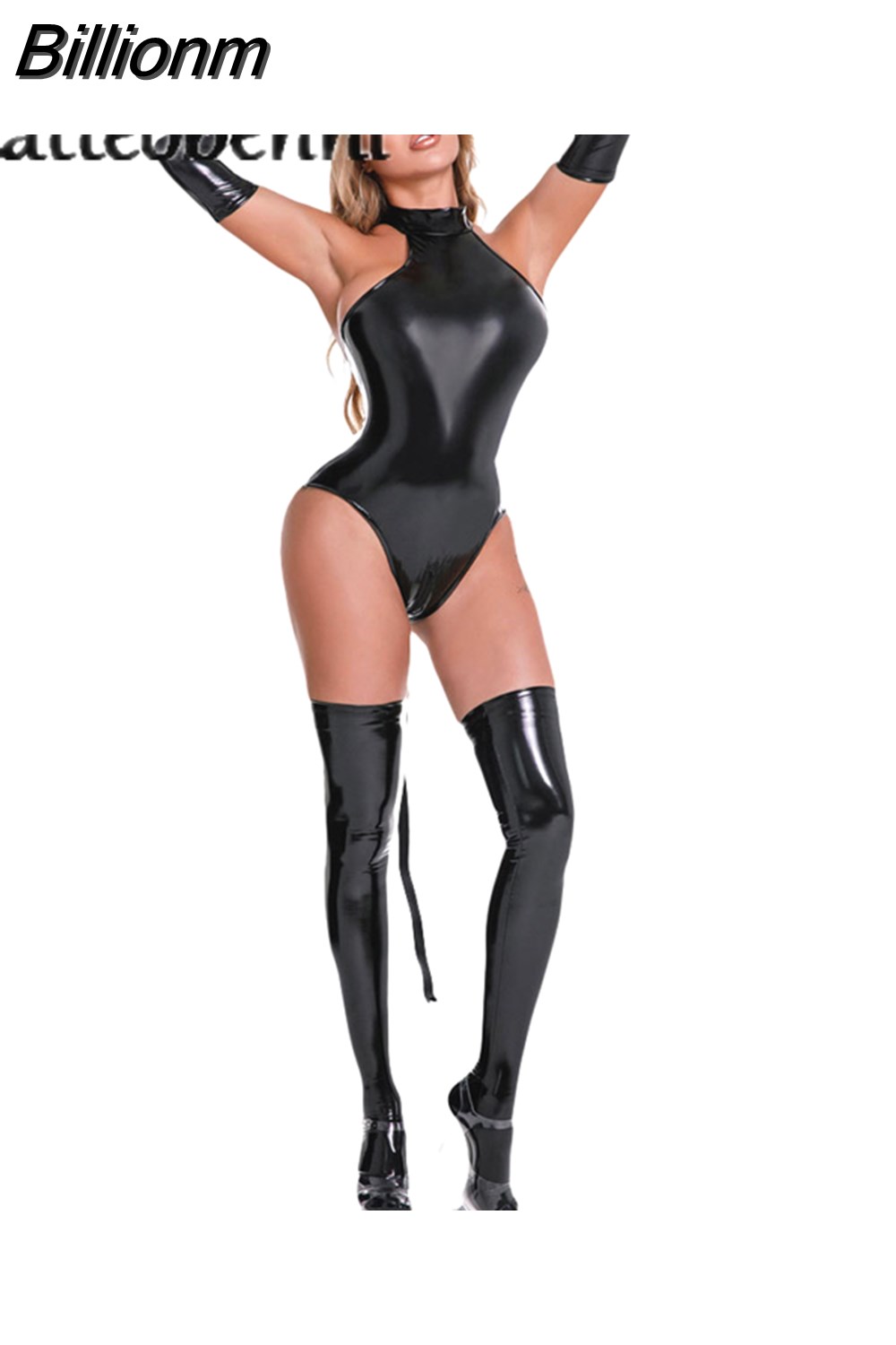 Billionm Women Cosplay PU Faux Leather Latex Bodysuit Sexy High Cut