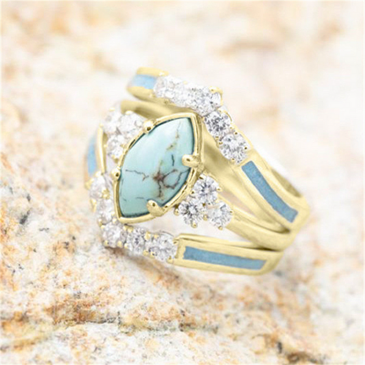 3 Pieces/Set Women's 18K Gold Plated Multilayer Hollow Turquoise Ring With Delicate Moissanite Engagement Wedding Ring Anniversary Birthday Christmas Gift Jewelry Sizes 5-11