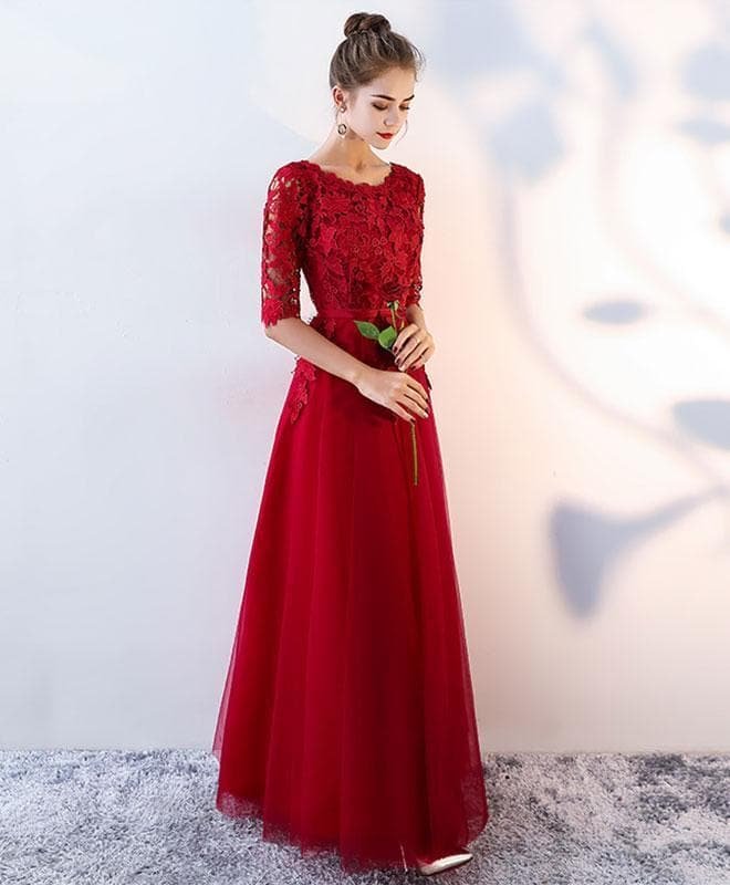 Burgundy Lace Tulle Long Prom Dress, Burgundy Tulle Evening Dress