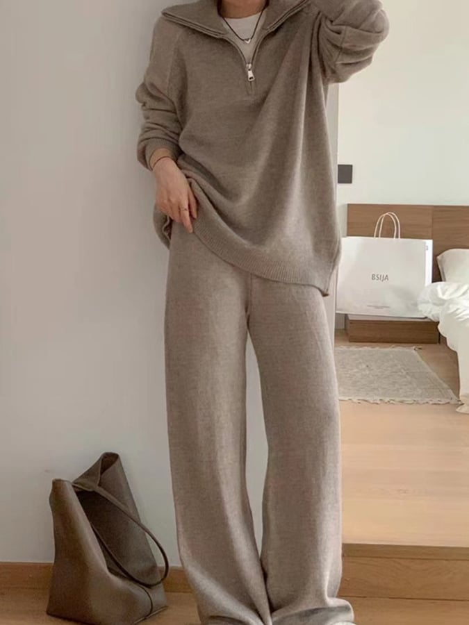 Women's Fashion Loose Lapel Sweater Wide Leg Pants Casual Suit