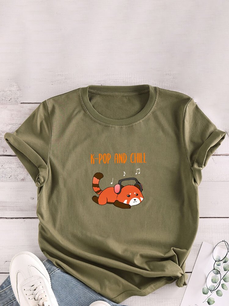 Cartoon Animal Print O neck Short Sleeve Cotton T Shirt For Women P1825970