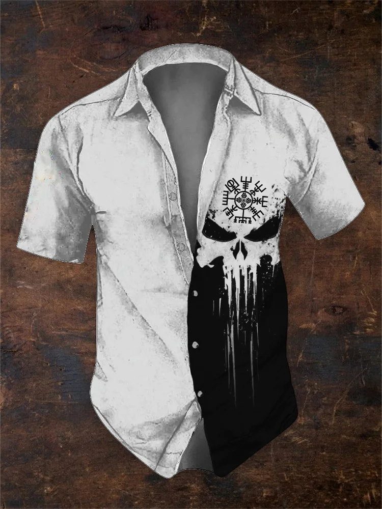 BrosWear Men's Viking Vegvisir Skull Contrast Short Sleeve Shirt