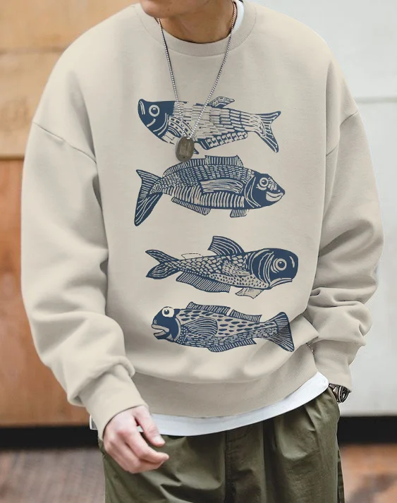 Men's Japanese Fish Lino Art Print Casual Sweatshirt