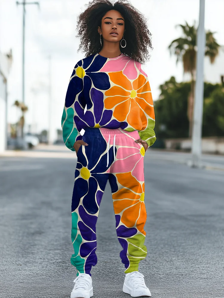 Women's Flowers All Over Print Sweatshirt Casual Pants Matching Set