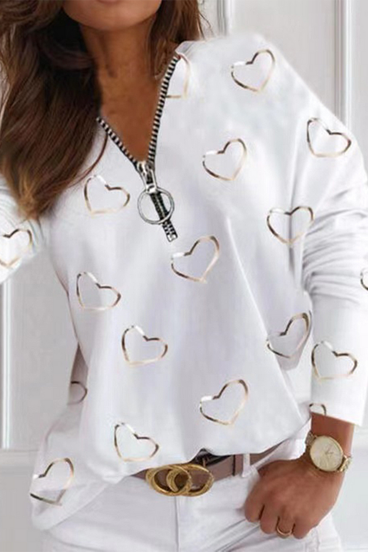 Casual Street Print Split Joint Zipper V Neck Tops(3 Colors) - Life is Beautiful for You - SheChoic