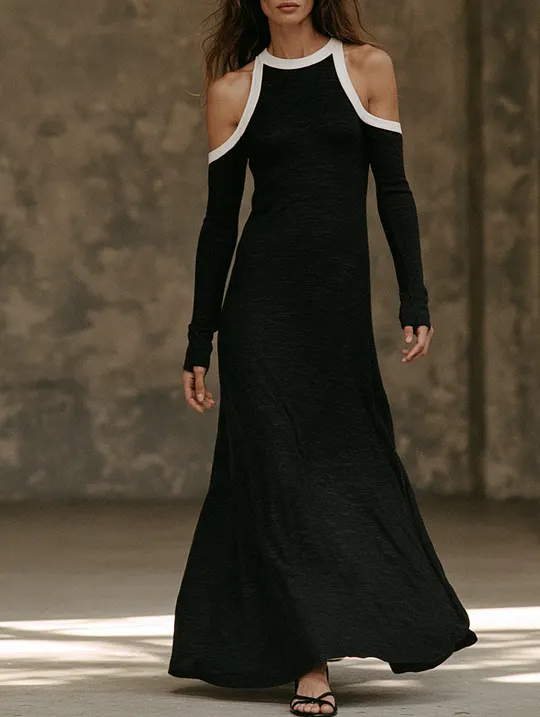 Women's Minimalist Long-Sleeve Maxi Dress In Stretch Jersey With White Trim