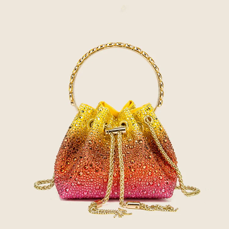 Women's PU Leather Colorful Hot Drilling Metal Drawstring Handbag