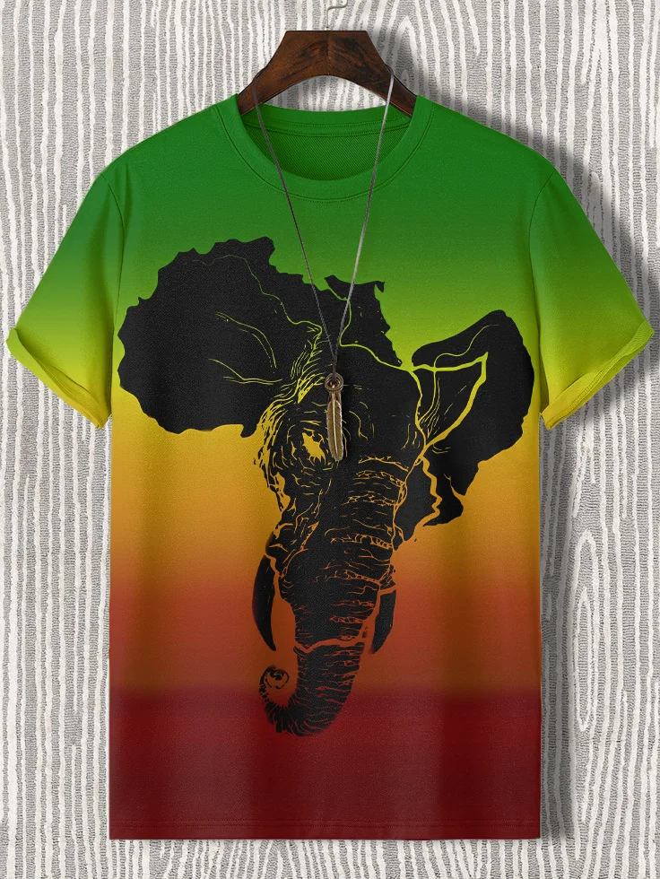 Men's Abstract Art Elephant African Map Print Casual T-Shirt