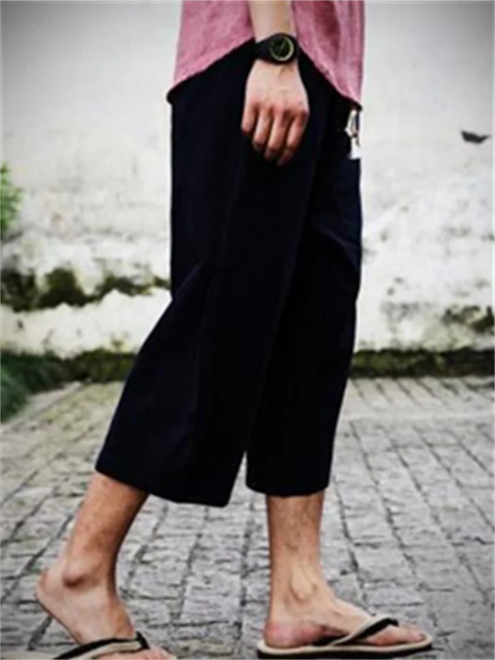 Men's Linen Shorts Capri Pants Pocket Drawstring Elastic Waist Plain Comfort Breathable Calf-Length Casual Holiday Going out Linen / Cotton Blend Stylish Classic Black White-JRSEE
