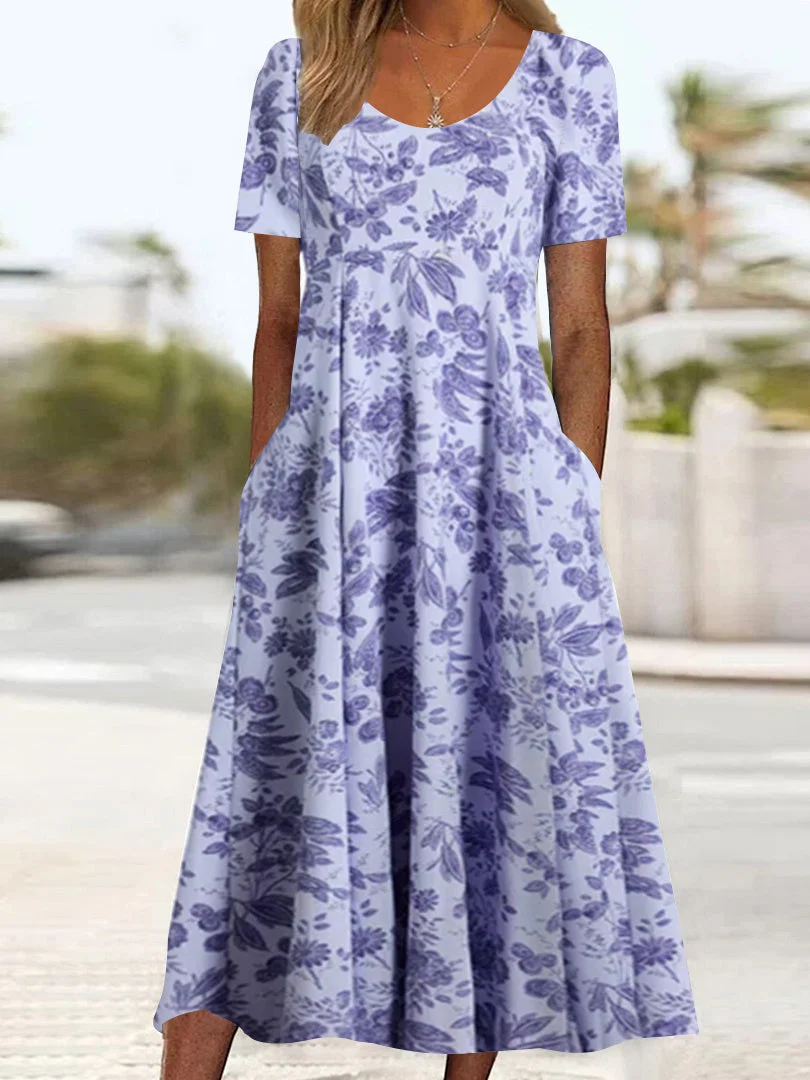 Women's Short Sleeve Scoop Neck Graphic Floral Printed Midi Dress