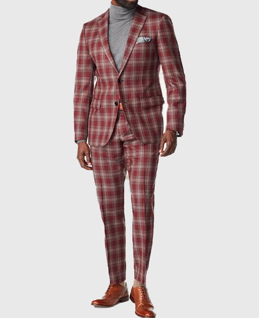 OK Classic Red Plaid Notch Lapel Two Button Slim Fit Blazer & Pants 2Pcs Set