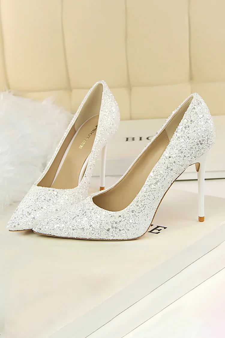 Sparkling Sequin Pointy Toe Party Stiletto Heels-Champagne