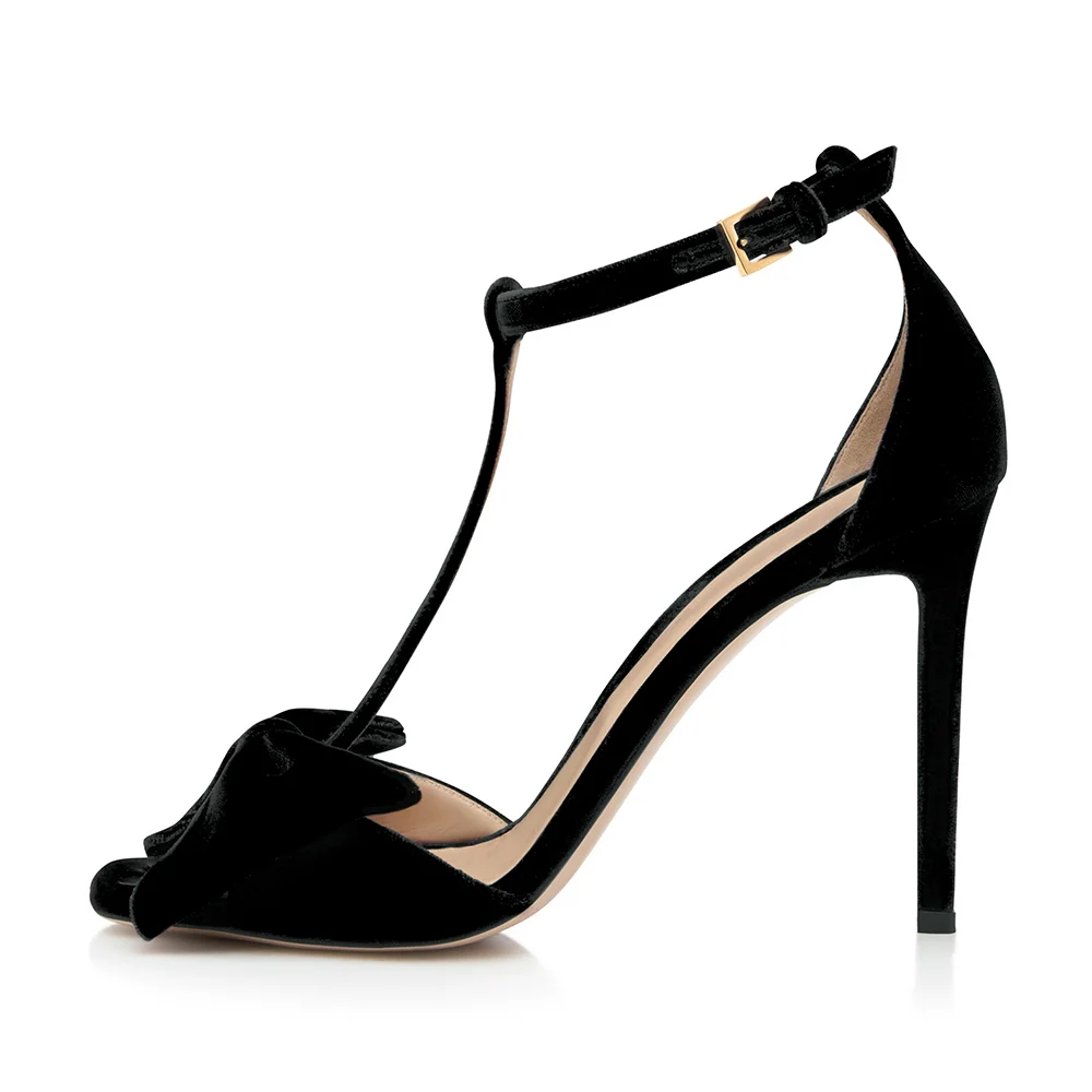 Black Faux Suede Opened Toe T-Strappy Bow Sandals With Stiletto Heels Nicepairs