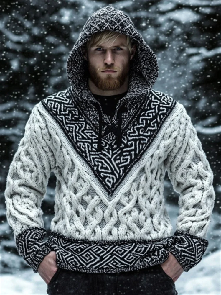 Men's Viking Tribal Celtic Contrast Patchwork Chunky Hooded Sweater