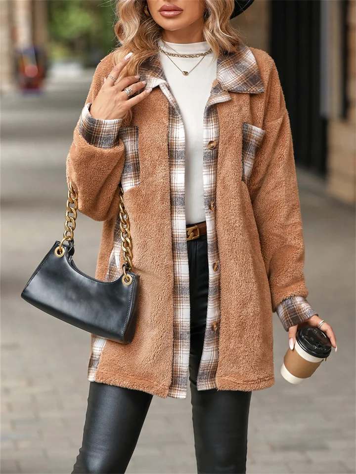 Women's Fall and Winter Temperament Commuter New Single-breasted Lapel Medium-length Loose Type Plaid Plush Coat-JRSEE