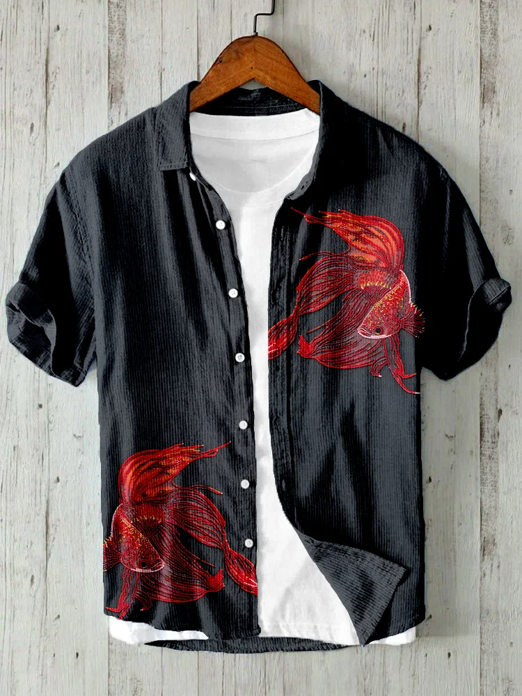 Comstylish Bead Embroidery Red Fish Linen Blend Shirt