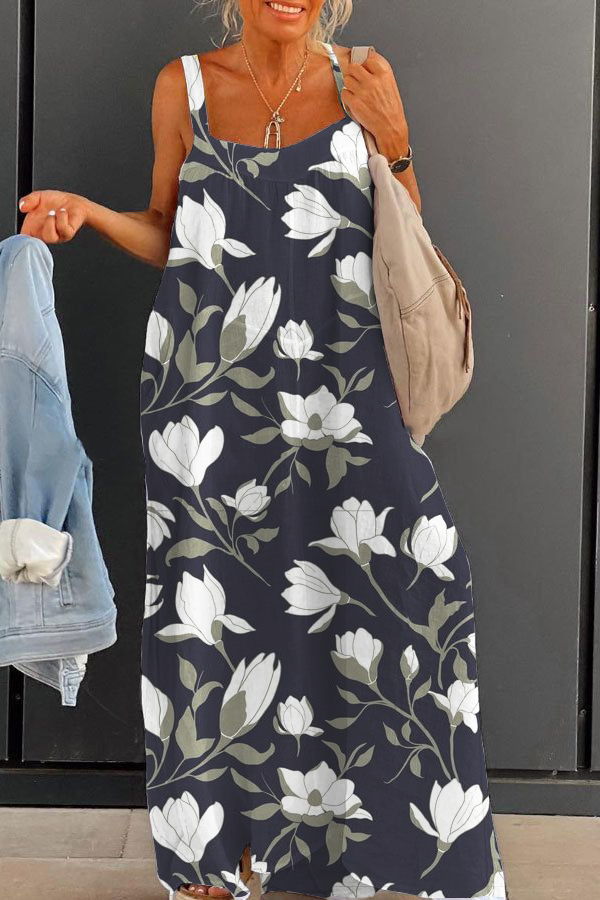 Women's Fashion Retro Black Large Size Loose Strap Printed Dress Long Skirt