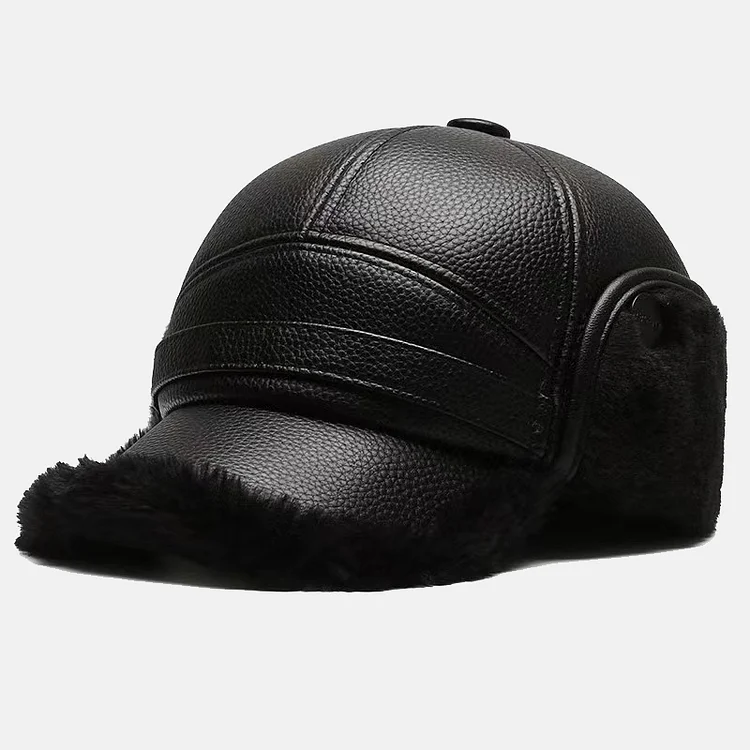 Men's Outdoor Ear Protection PU Leather Thermal Fuzzy Lined Baseball Cap