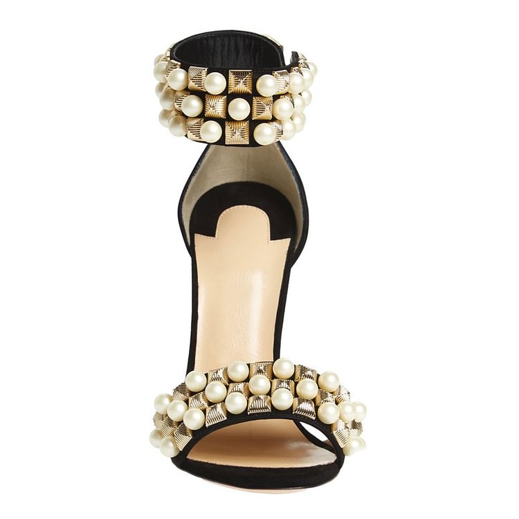 Women's Golden Pearl Decorated Stiletto Heel Bridesmaid Ankle Strap Sandals |FSJ Shoes