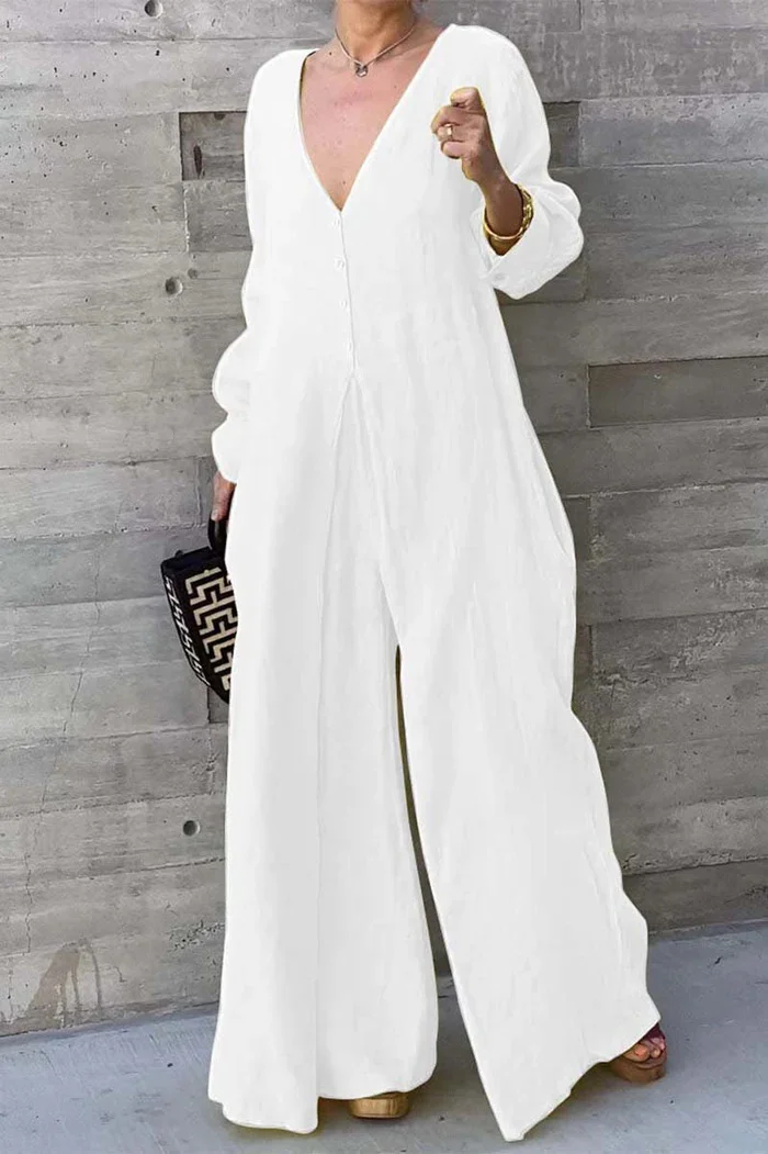 Women Cotton Linen Jumpsuit Women Fashion Solid Color V Neck Button Jumpsuit Mid-Waist Wide Leg Jumpsuit socialshop