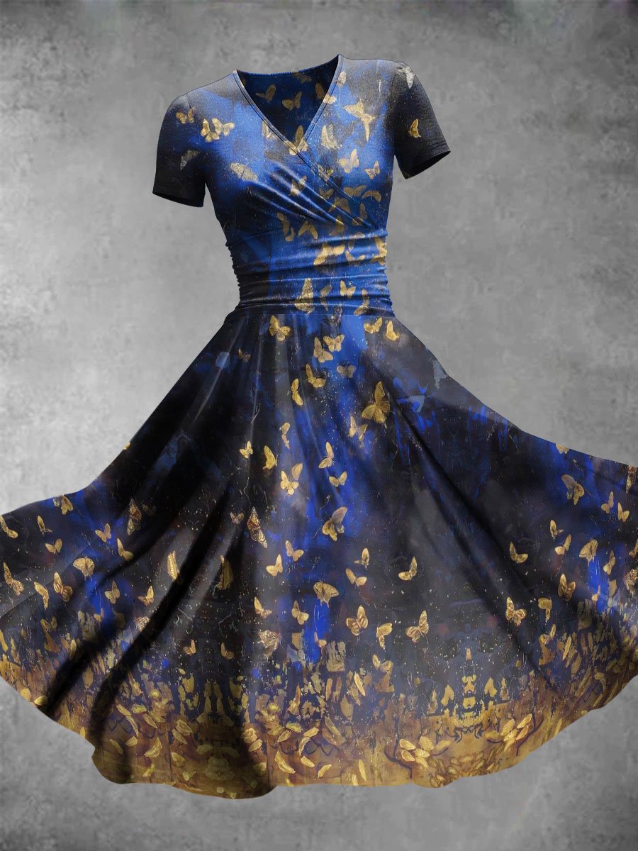 Women's Butterfly Art Print Short Sleeve Midi Dress