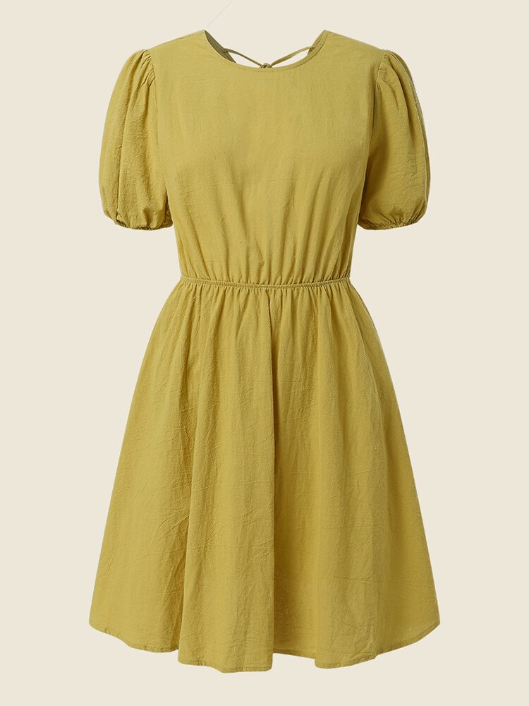 Solid Tie Back Cut Out Ruffle Puff Sleeve Midi Dress