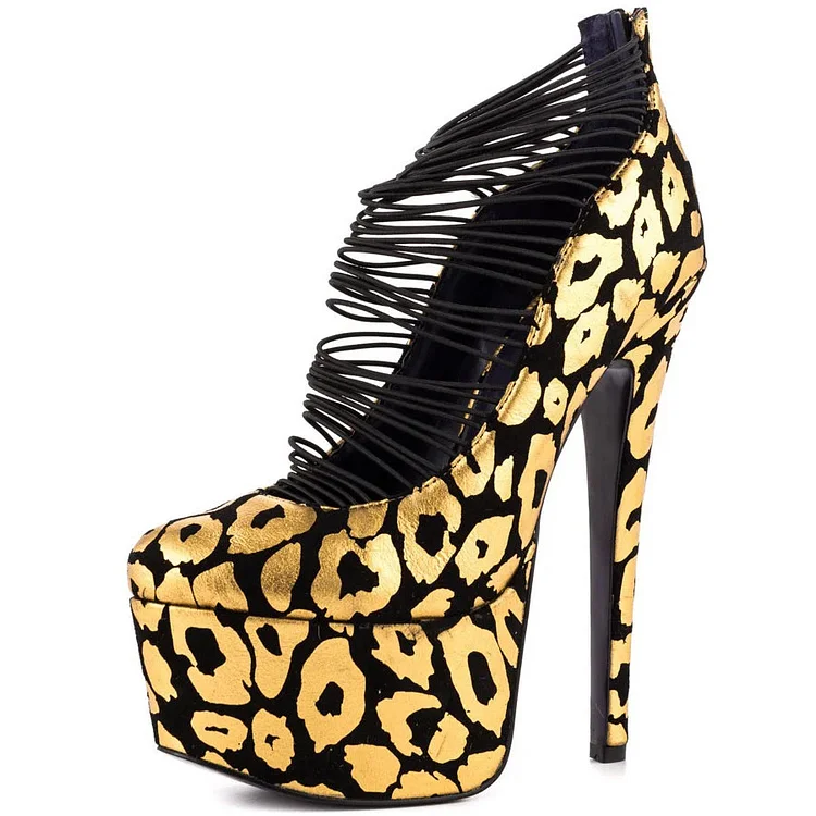 Gold Leopard Print Closed Toe Strappy High Heel Platform Pumps |FSJ Shoes