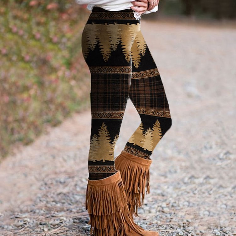 VChics Vintage Check Forest Silhouette Print Leggings