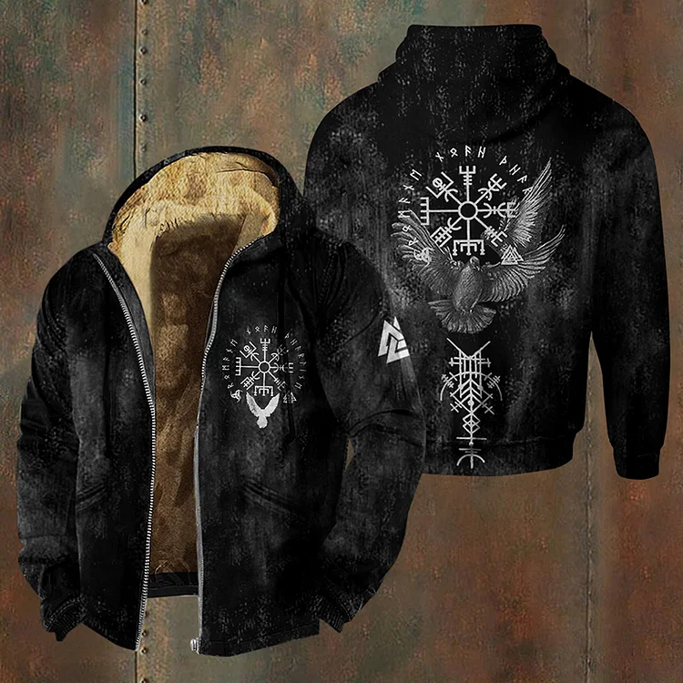 Men's Vintage Viking Runes Birds Graphics Cozy Hooded Jacket