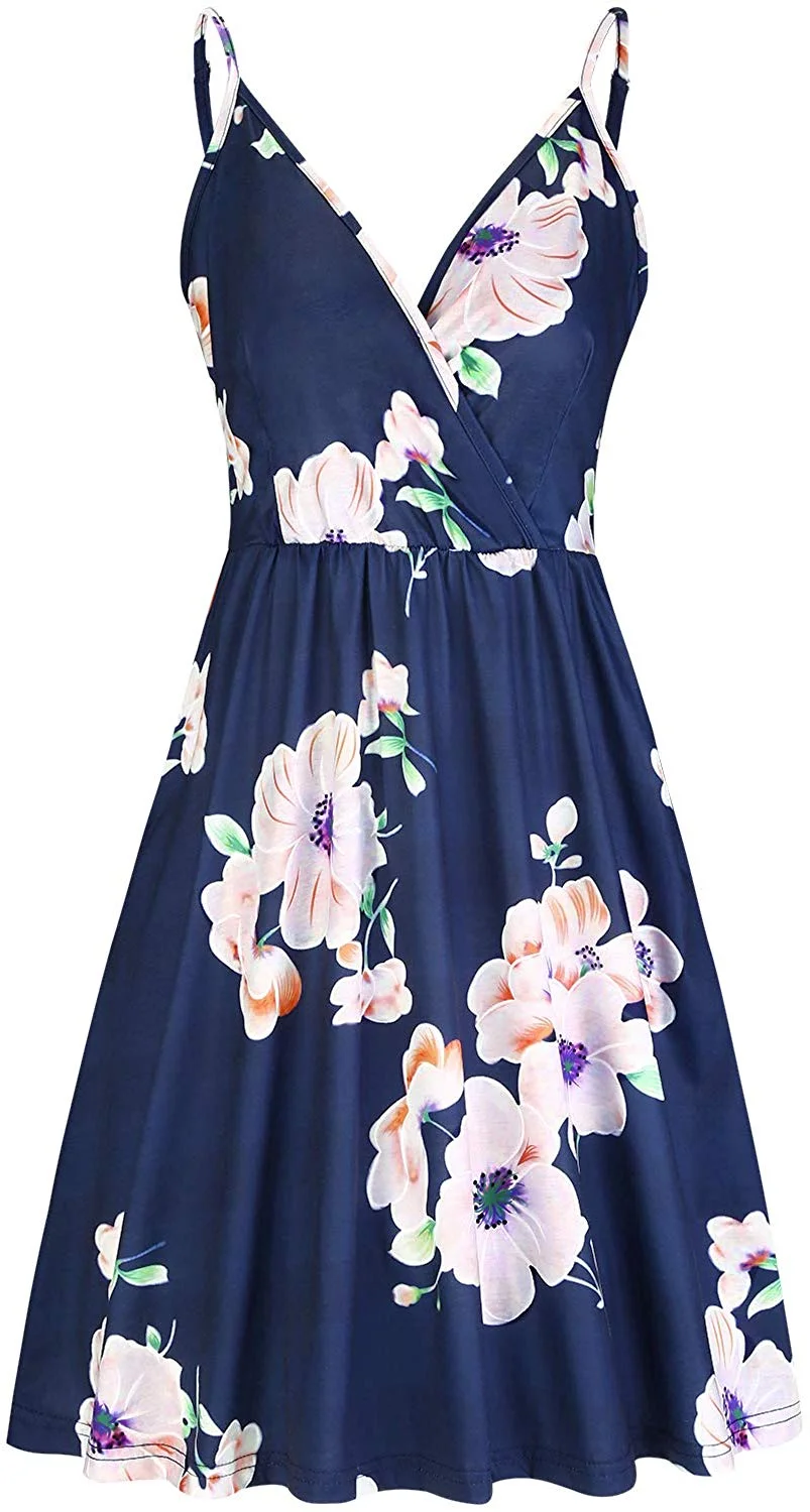 Swing Dress Women's V Neck Floral Spaghetti Strap Summer Casual Swing Dress with Pocket