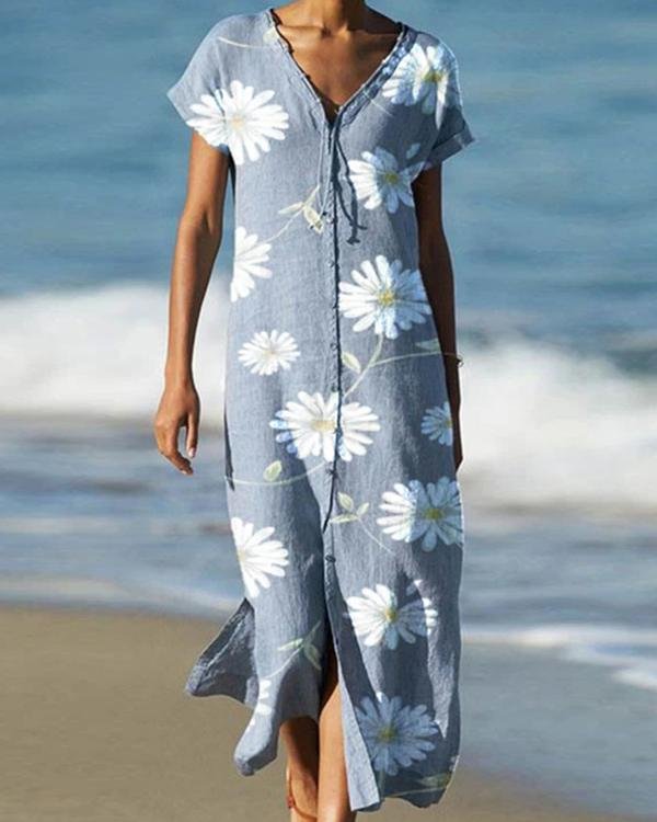 Loose Flower Printed Short Sleeves Midi Dress - Chicaggo