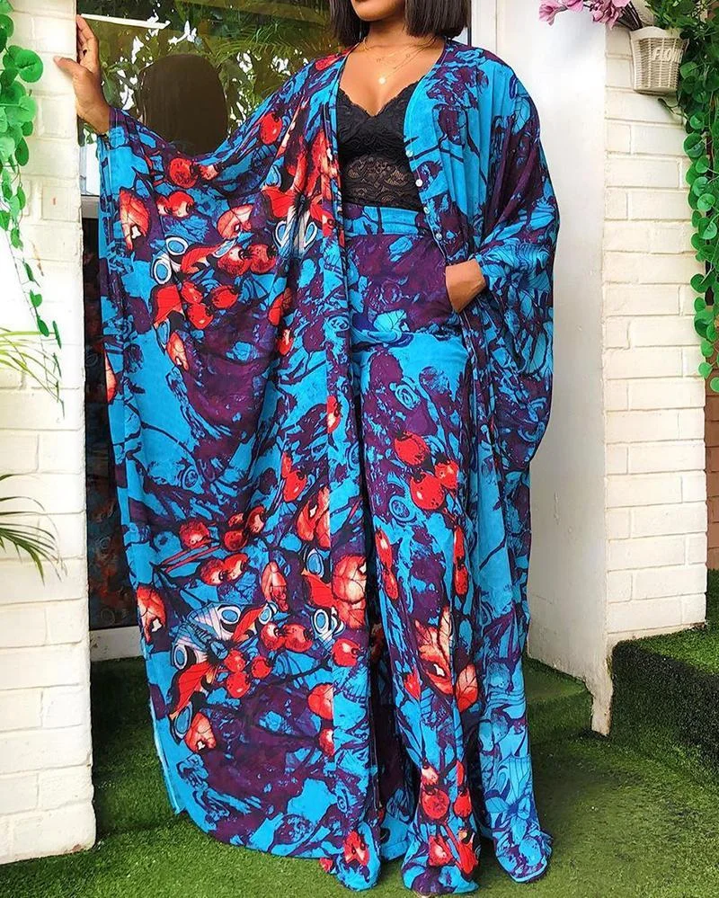 Two-piece set of printed burqa + loose trousers