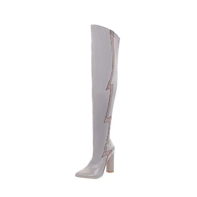 Grey Flash Stripe Over-the-Knee Chunky Heel Boots Vdcoo