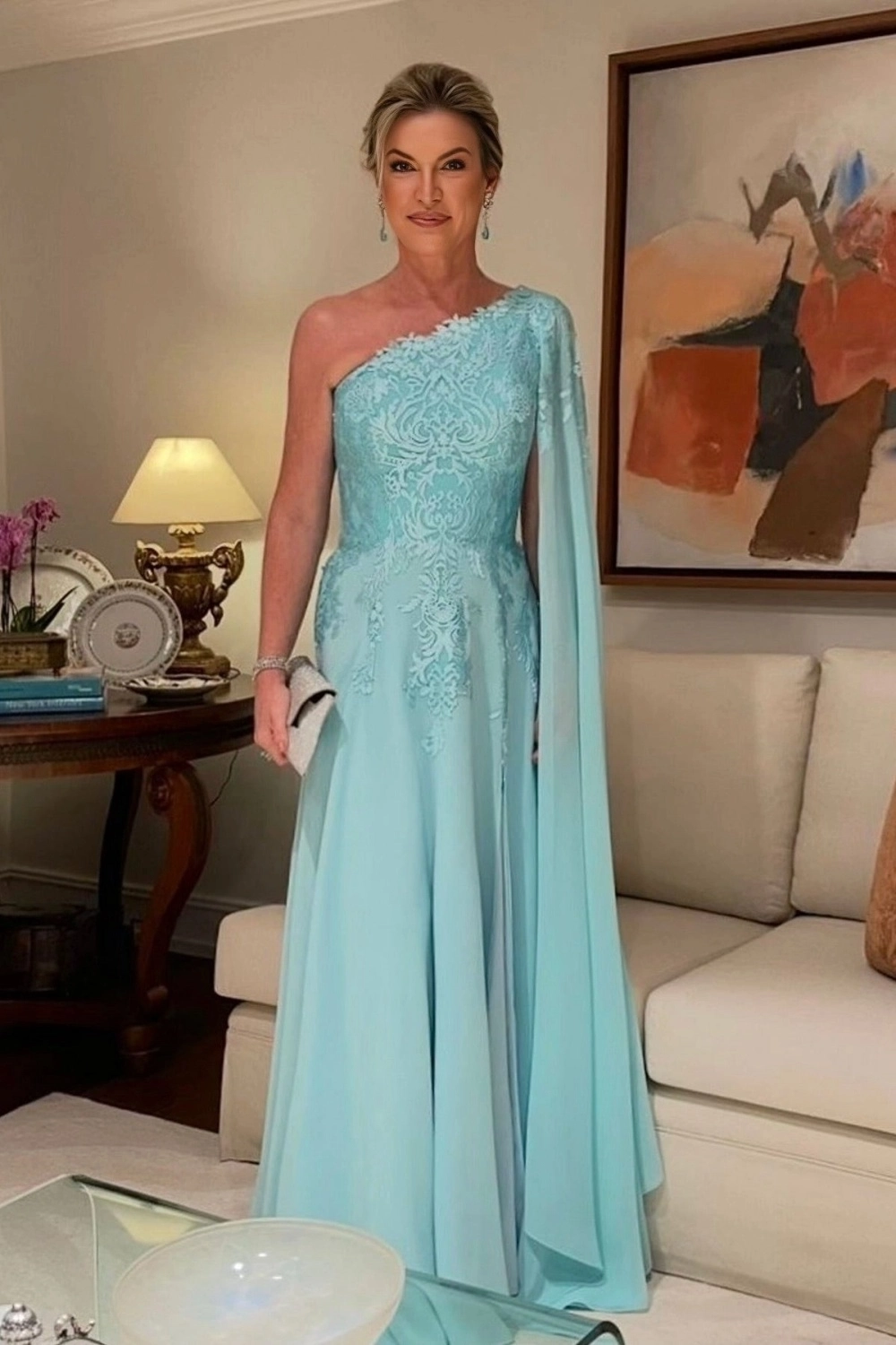 Lussooy Chic Mint Green One Shoulder Chiffon Mother of The Bride Dress with Aplliques
