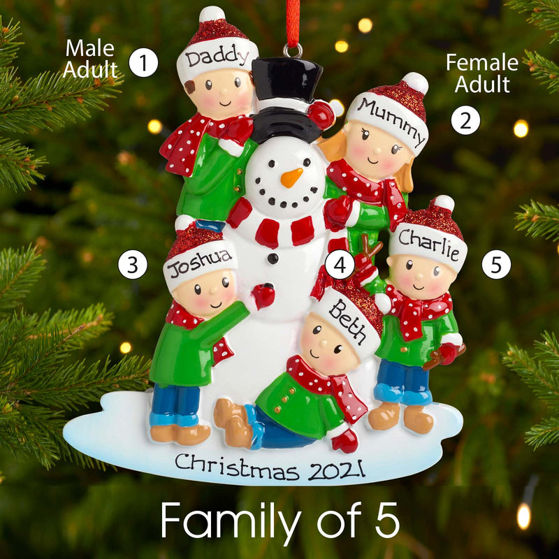 Personalised 5 Family Names Christmas Xmas Tree Decoration Ornament - Building Snowman