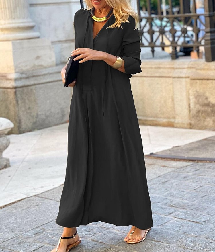 Solid Color Lapel Long Sleeve Simple Casual Long Shirt Dress socialshop