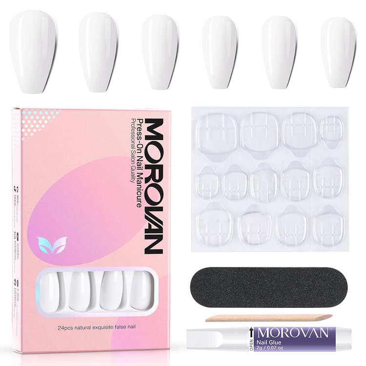 24PCS Fake Nails 14 Sizes Gloss White Press On Nails Kit