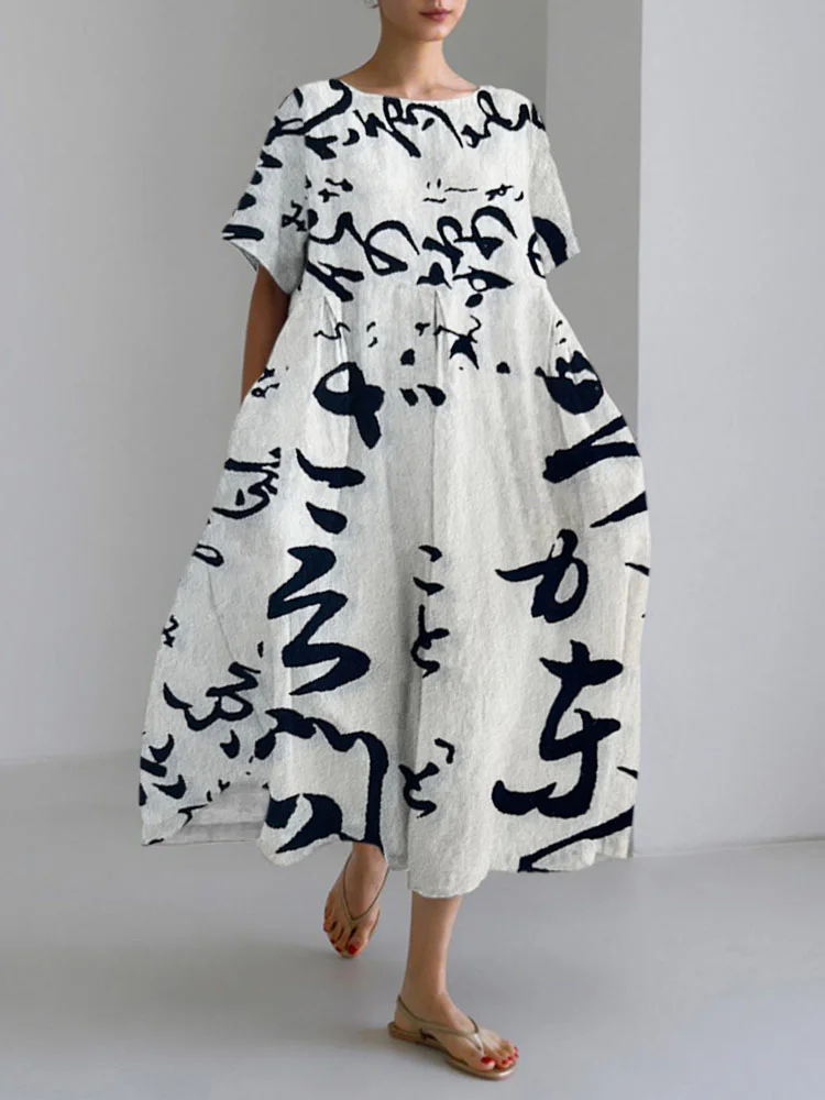 Comstylish Japanese Word Art Print Linen Blend Maxi Dress