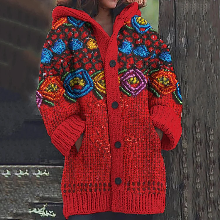 Vintage Mexican Floral Art Embroidery Knitted Sweater Cardigan