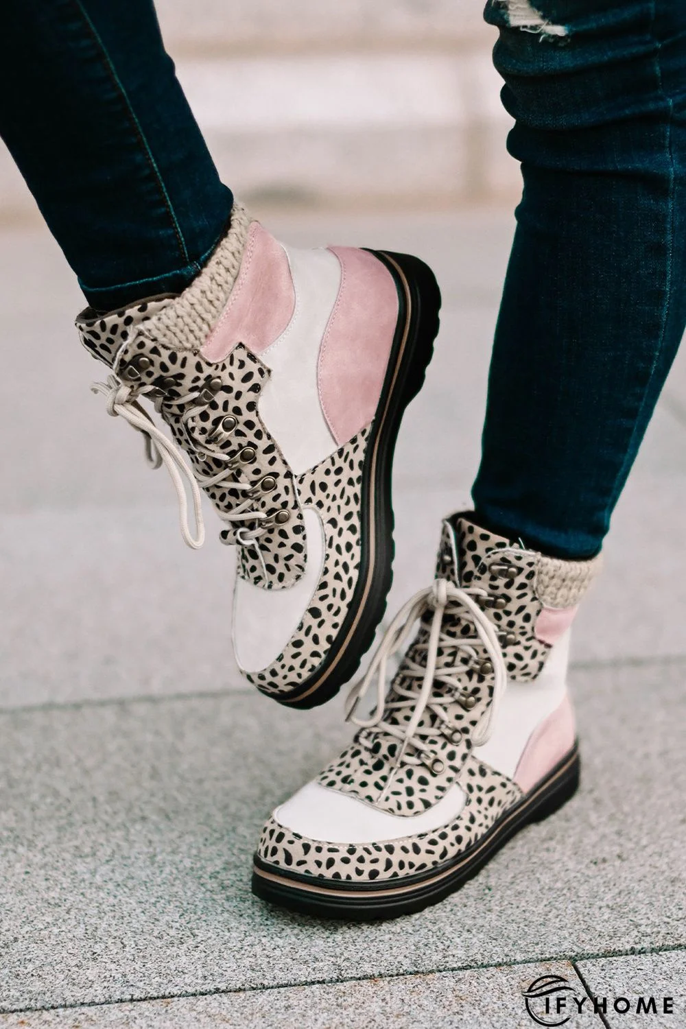 Leopard Color Block Patchwork Hiking Bootie | IFYHOME