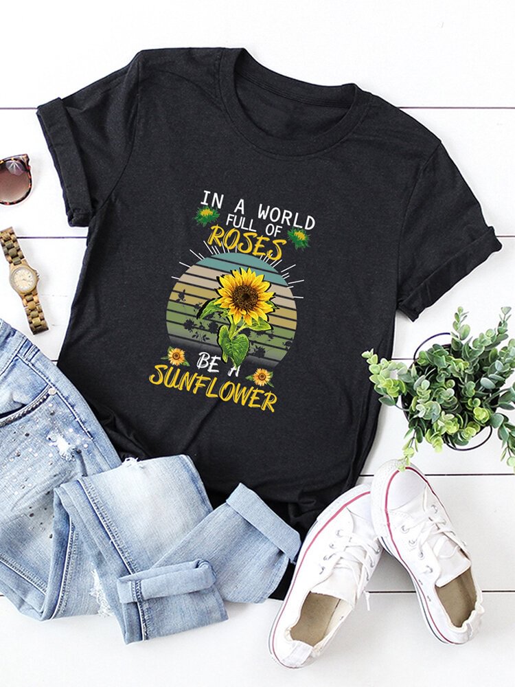 Short Sleeve Sunflower Letter Print Casual T shirt For Women P1661489