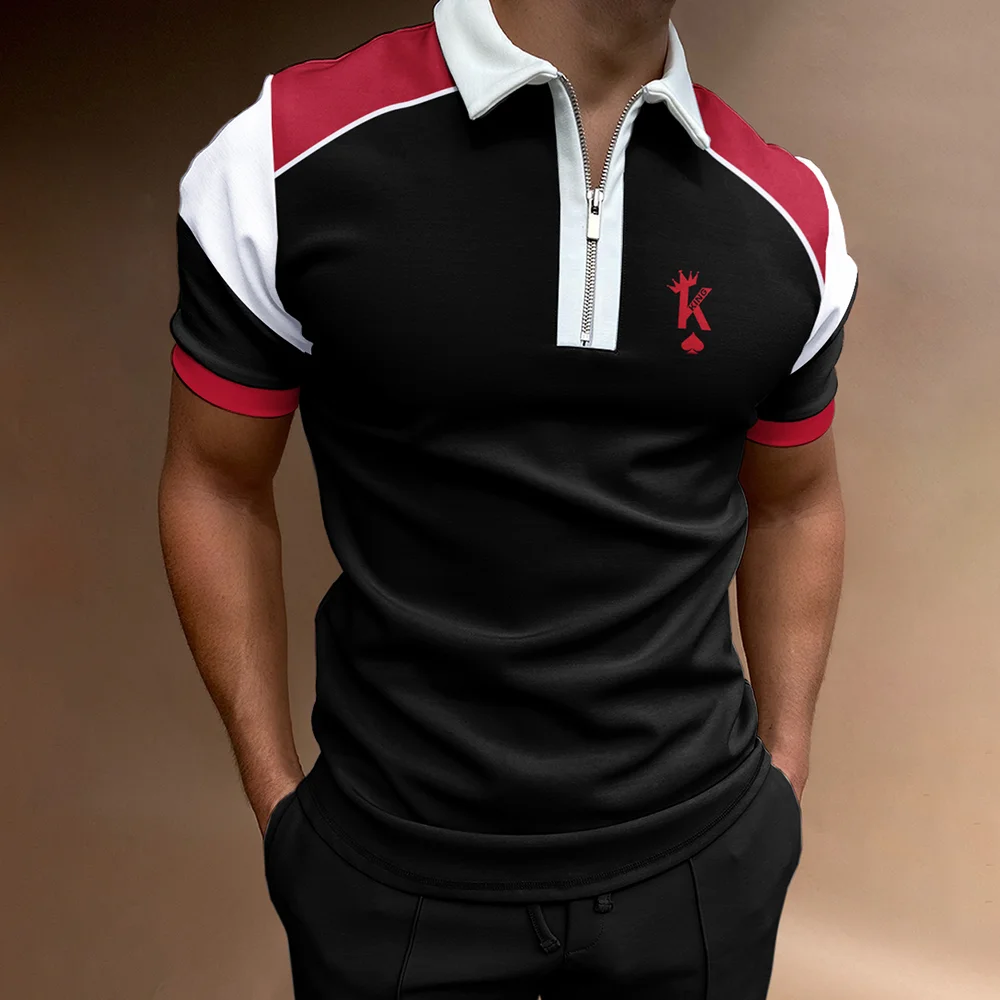 Men's Casual King Print Color Matching Short Sleeve Zipper Polo Shirt、、URBENIE