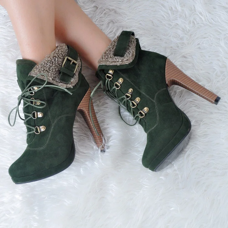 Green Vegan Suede Lace Up Winter Boots Chunky Heel Platform Booties |FSJ Shoes